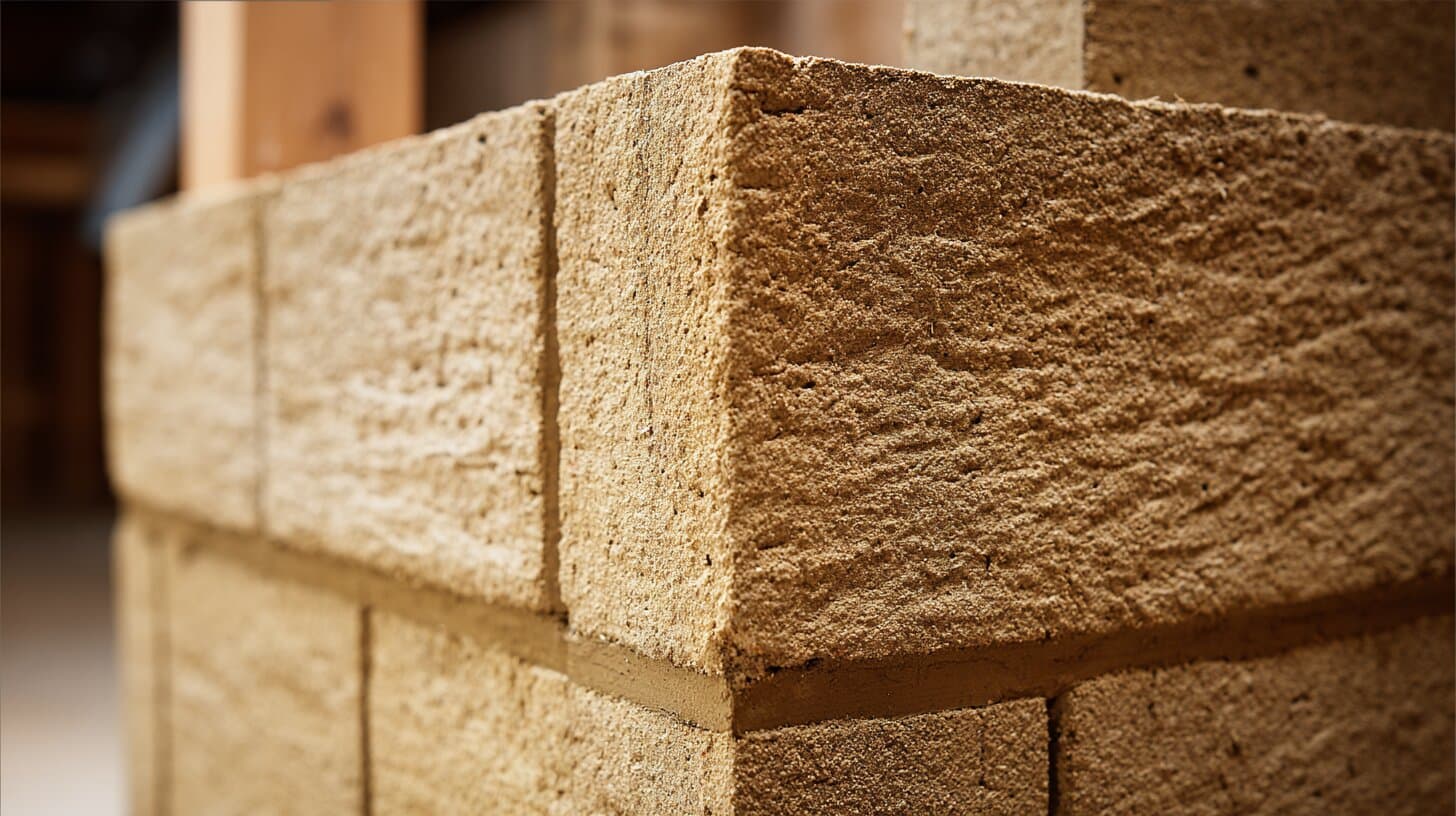 Corner of a hempcrete block wall under construction
